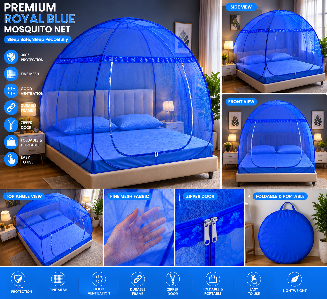 Premium Royal Blue Foldable Dome Mosquito Net for Double Bed – Full Protection