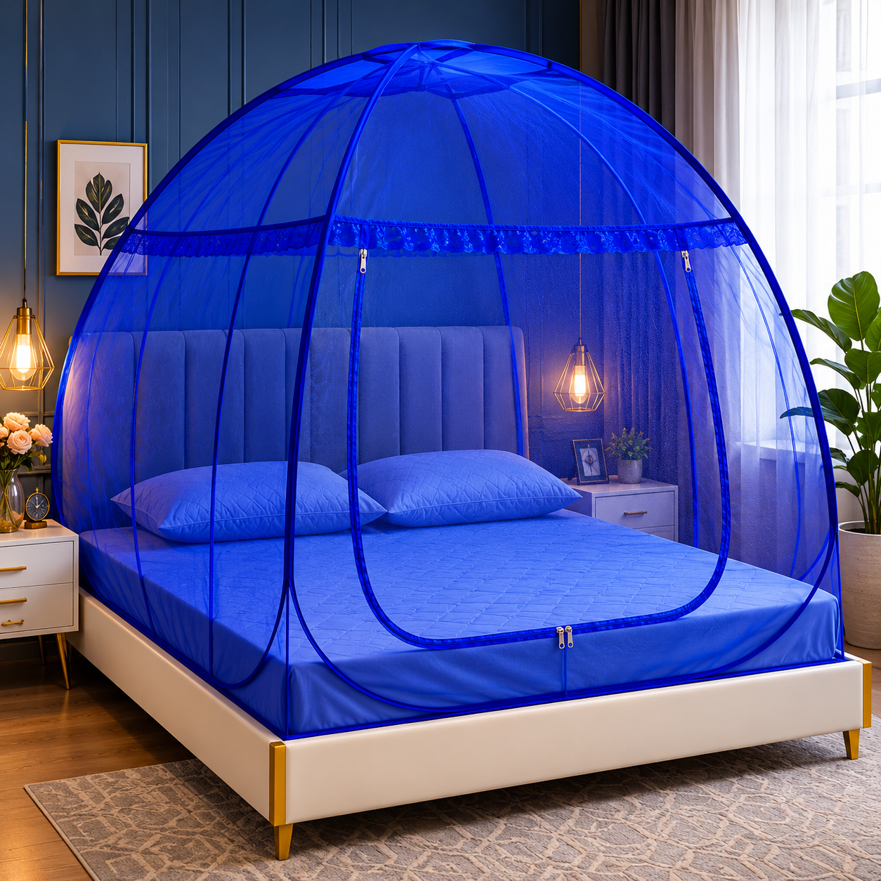 Premium Royal Blue Foldable Dome Mosquito Net for Double Bed – Full Protection
